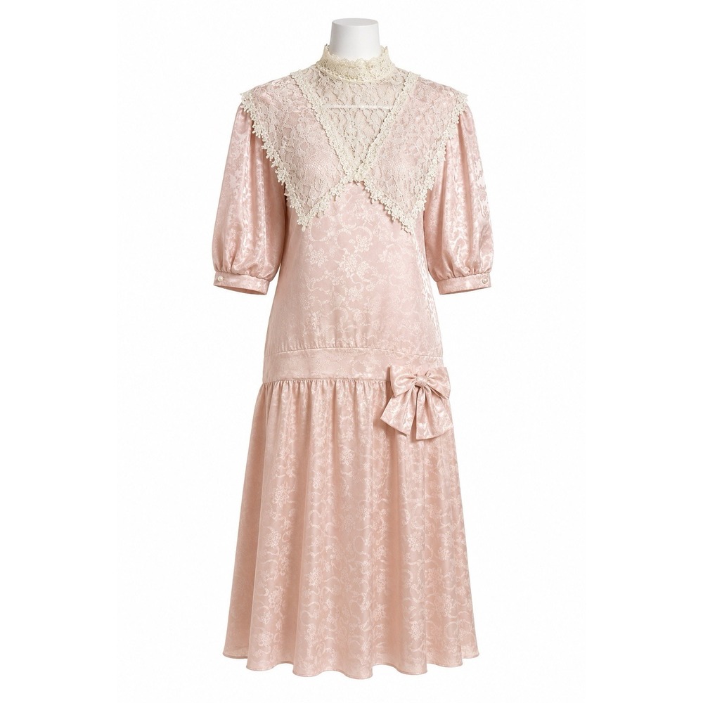 Vintage 1980s Jessica McClintock 7/8 Pink Satin Lace Victorian Drop Waist Dress